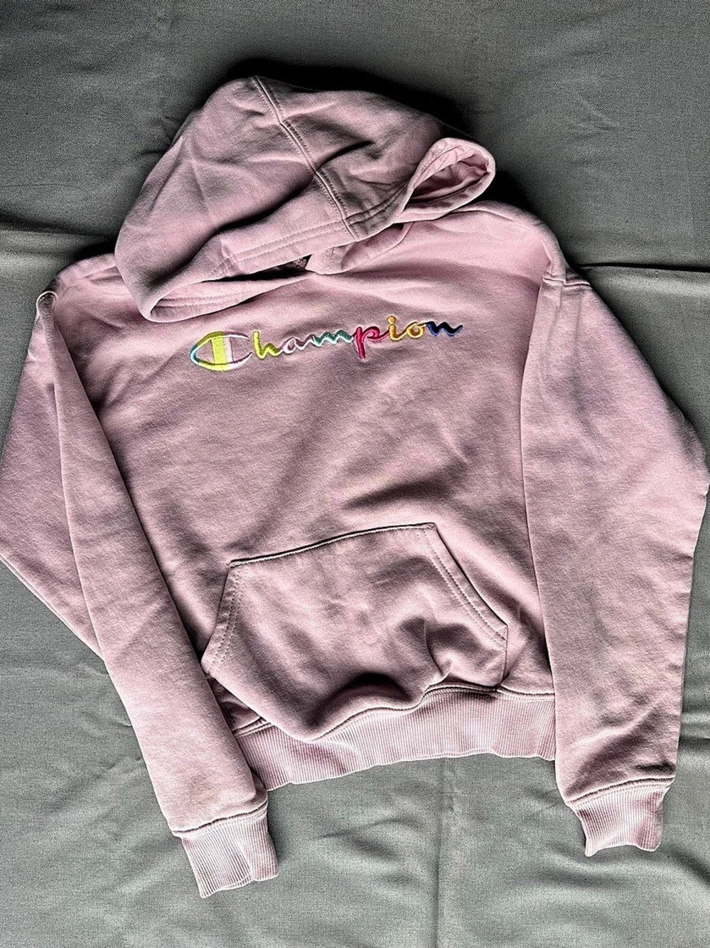 Champion Rainbow Script Logo Hoodie Pink